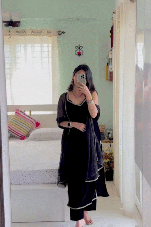 Elegant Black Minimalist Kurta Set with Sheer Dupatta