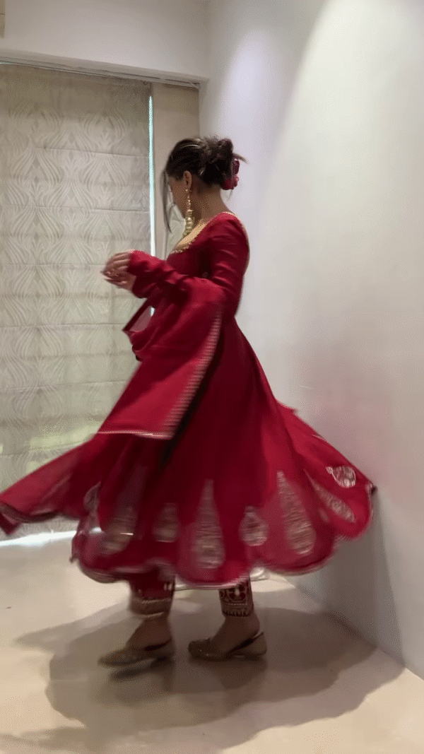 Elegant Ruby Red Anarkali Set with Delicate Golden Embroidery - Image 2