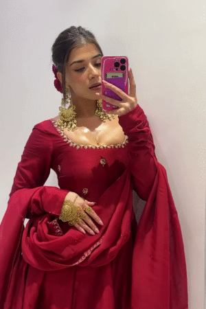 Elegant Ruby Red Anarkali Set with Delicate Golden Embroidery