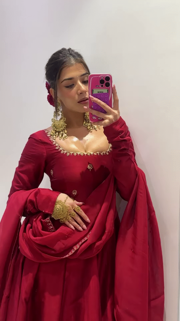 Elegant Ruby Red Anarkali Set with Delicate Golden Embroidery