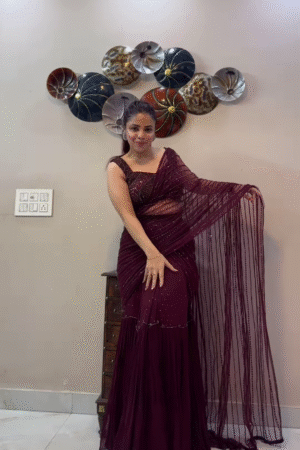 Plum Wine Pre-Draped Saree with Embellished Blouse