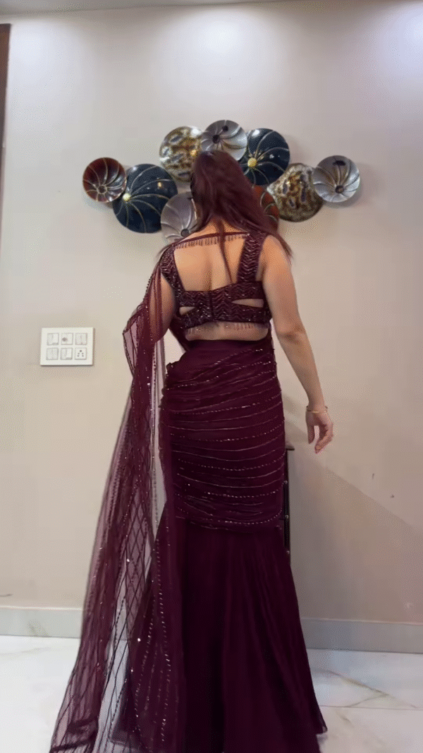 Plum Wine Pre-Draped Saree with Embellished Blouse - Image 3