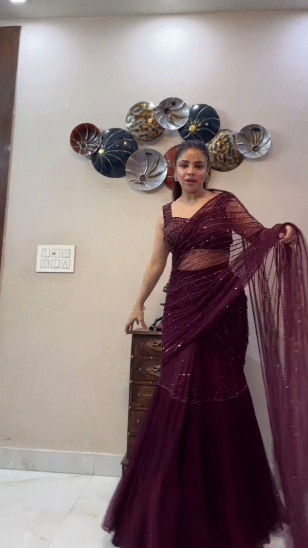 Plum Wine Pre-Draped Saree with Embellished Blouse - Image 2