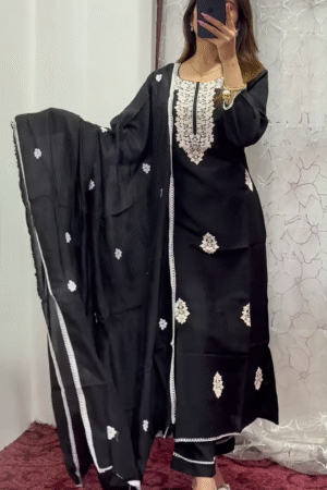 Black Cotton Embroidered Straight Kurta Set with Dupatta