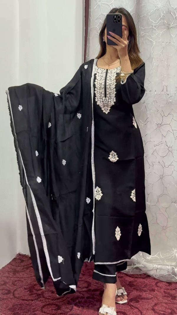 Black Cotton Embroidered Straight Kurta Set with Dupatta