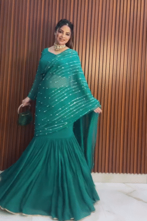 Emerald Green Sequined Ruffle Saree with Mermaid Skirt