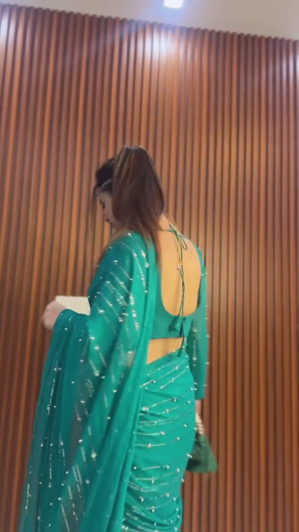 Emerald Green Sequined Ruffle Saree with Mermaid Skirt - Image 3