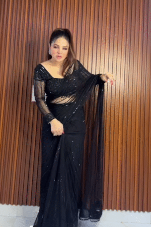 Midnight Black Sequined Sheer Sleeve Saree