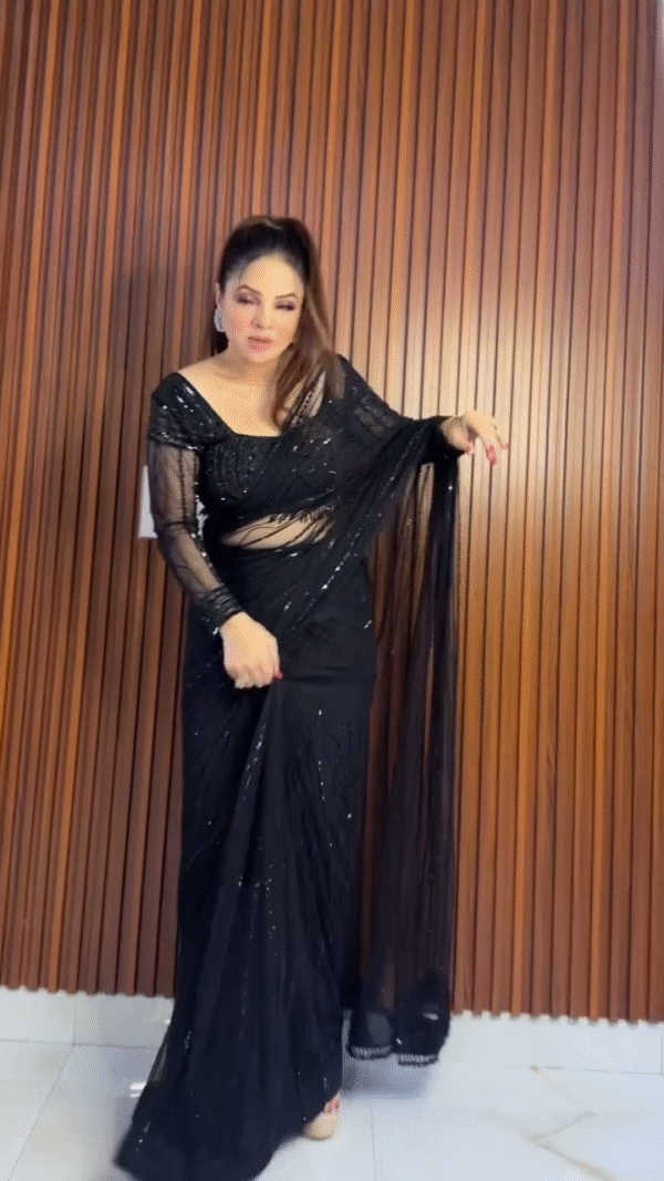 Midnight Black Sequined Sheer Sleeve Saree