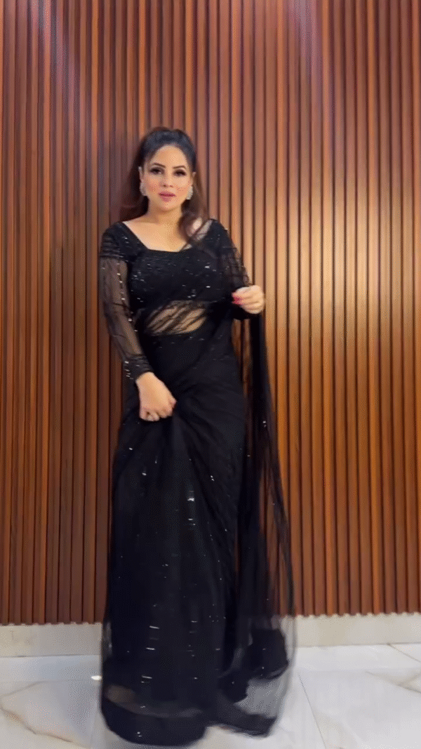 Midnight Black Sequined Sheer Sleeve Saree - Image 2
