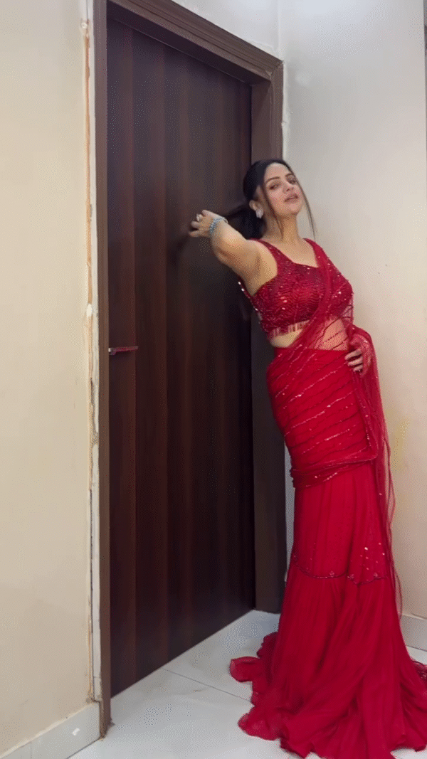 Scarlet Red Sequined Net Saree with Designer Blouse - Image 2