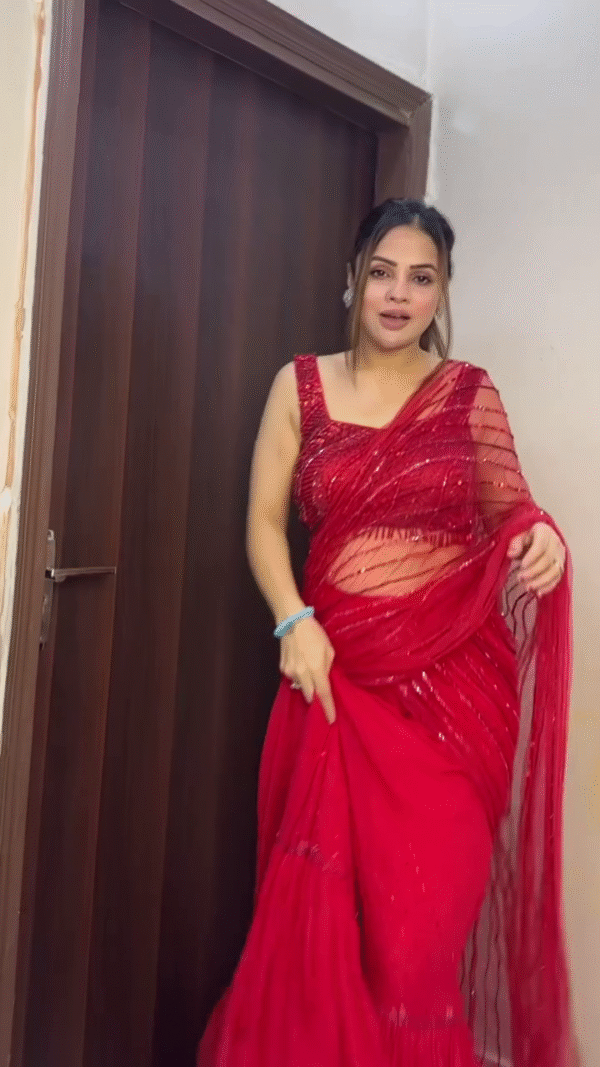 Scarlet Red Sequined Net Saree with Designer Blouse - Image 3