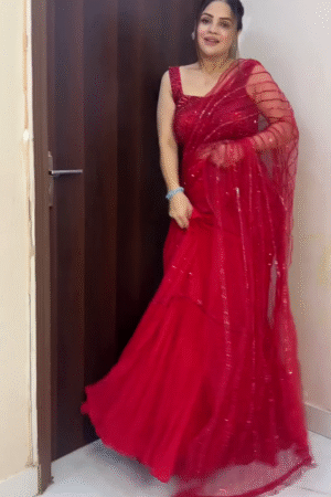 Scarlet Red Sequined Net Saree with Designer Blouse