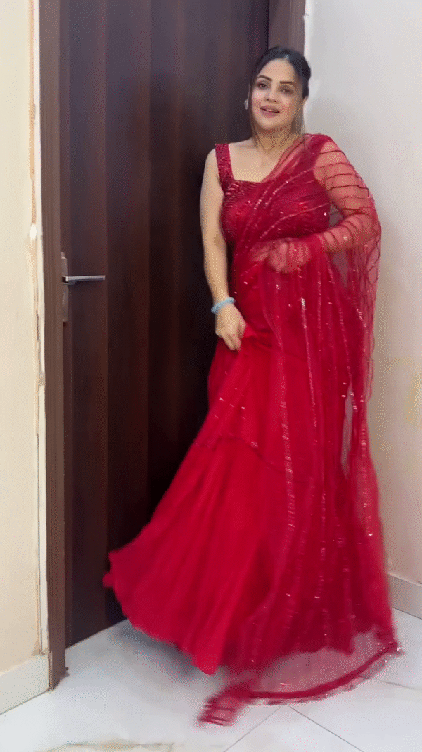 Scarlet Red Sequined Net Saree with Designer Blouse