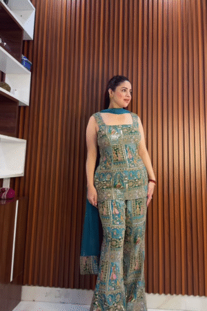 Teal Green Mughal Print Sharara Suit with Embroidered Detailing