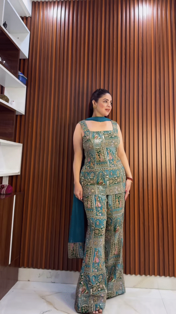 Teal Green Mughal Print Sharara Suit with Embroidered Detailing
