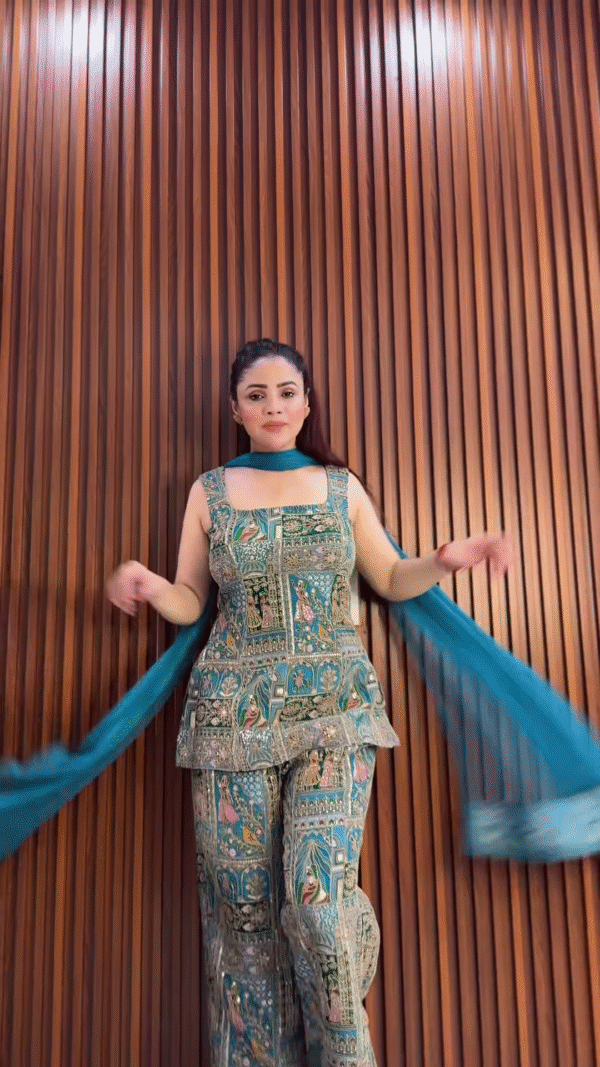 Teal Green Mughal Print Sharara Suit with Embroidered Detailing - Image 2