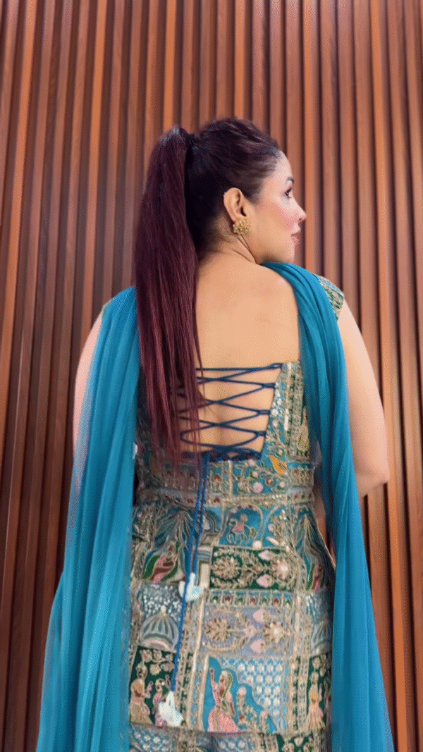 Teal Green Mughal Print Sharara Suit with Embroidered Detailing - Image 3