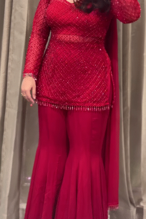 Crimson Red Sequin Embellished Sharara Suit with Net Sleeves
