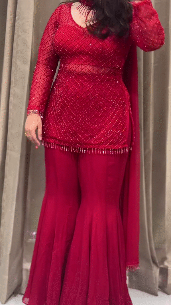 Crimson Red Sequin Embellished Sharara Suit with Net Sleeves