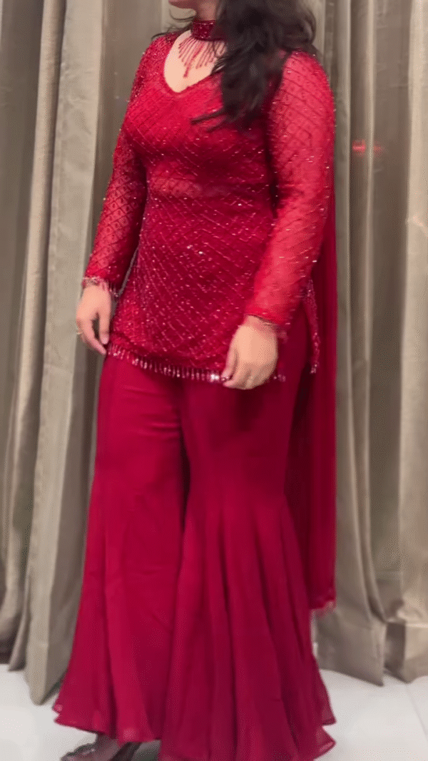 Crimson Red Sequin Embellished Sharara Suit with Net Sleeves - Image 2