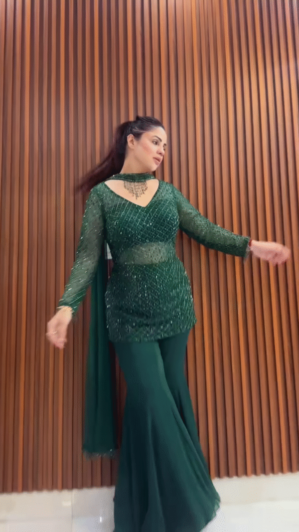 Emerald Green Sequin Embroidered Sharara Suit with Sheer Net Sleeves - Image 3