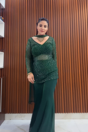 Emerald Green Sequin Embroidered Sharara Suit with Sheer Net Sleeves