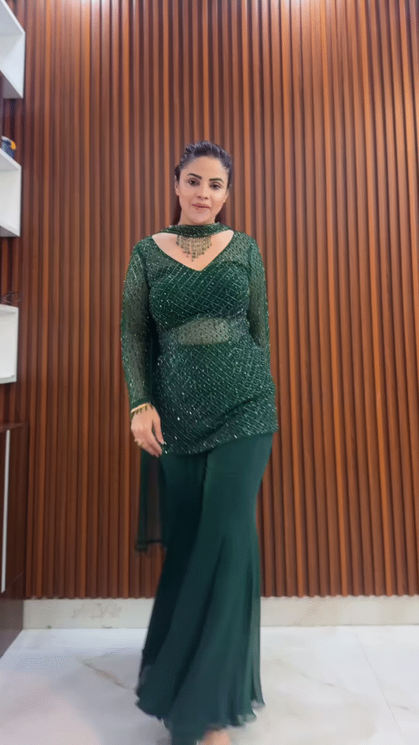 Emerald Green Sequin Embroidered Sharara Suit with Sheer Net Sleeves