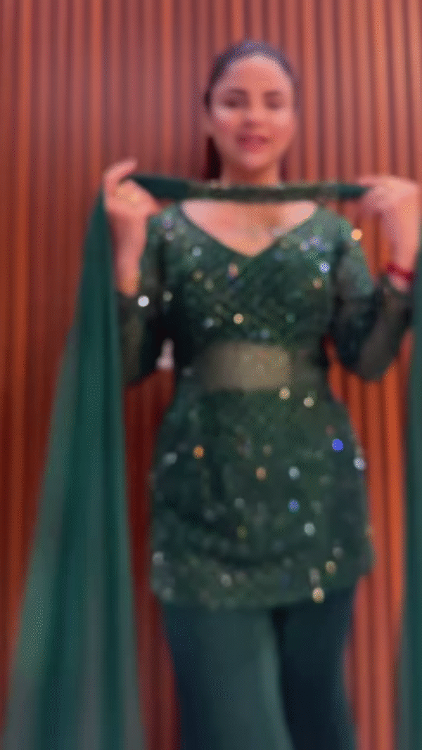 Emerald Green Sequin Embroidered Sharara Suit with Sheer Net Sleeves - Image 2