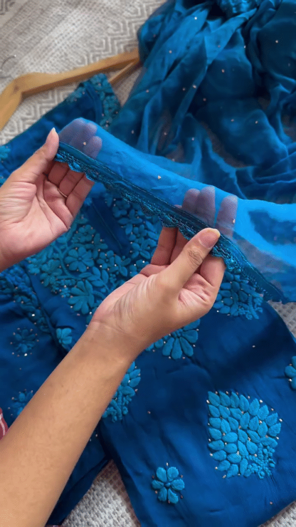 Royal Blue Hand-Embroidered Chikankari Suit with Intricate Floral Detailing - Image 2