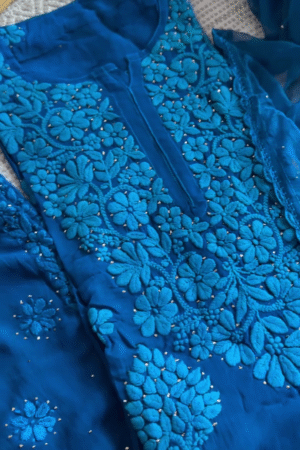 Royal Blue Hand-Embroidered Chikankari Suit with Intricate Floral Detailing