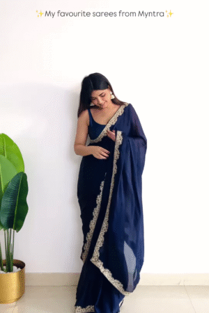 Navy Blue Embroidered Border Saree with Matching Blouse – Elegant Ethnic Wear