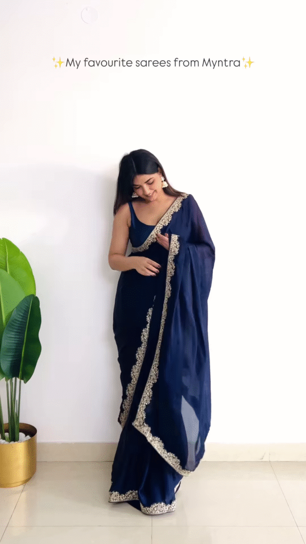 Navy Blue Embroidered Border Saree with Matching Blouse – Elegant Ethnic Wear