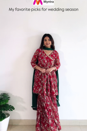 Red Floral Anarkali Kurta Set with Green Dupatta – Wedding Edition