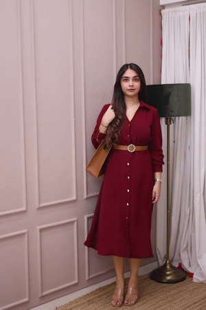 Elegant Maroon Shirt Dress with Belt – Chic & Versatile