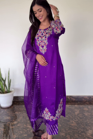 Royal Purple Embroidered Kurta Set with Dupatta – Ethnic Elegance