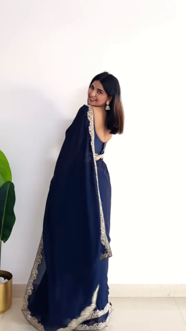 Midnight Blue Chiffon Saree with Embroidered Border – Timeless Elegance - Image 2