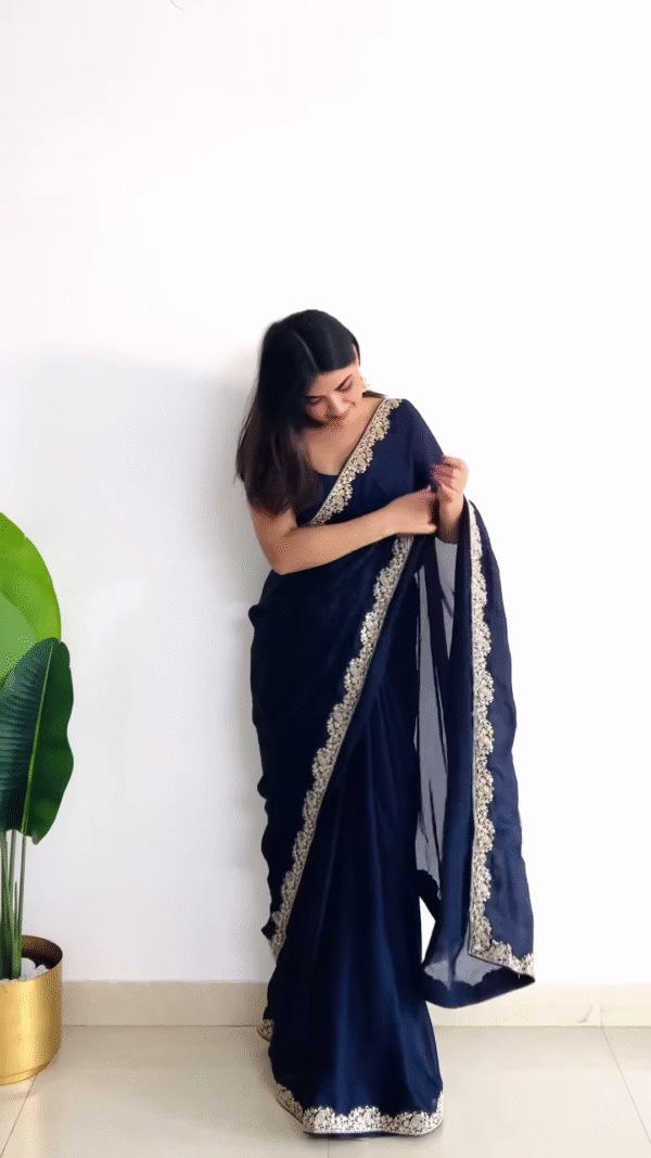 Midnight Blue Chiffon Saree with Embroidered Border – Timeless Elegance - Image 3