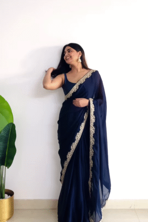 Midnight Blue Chiffon Saree with Embroidered Border – Timeless Elegance