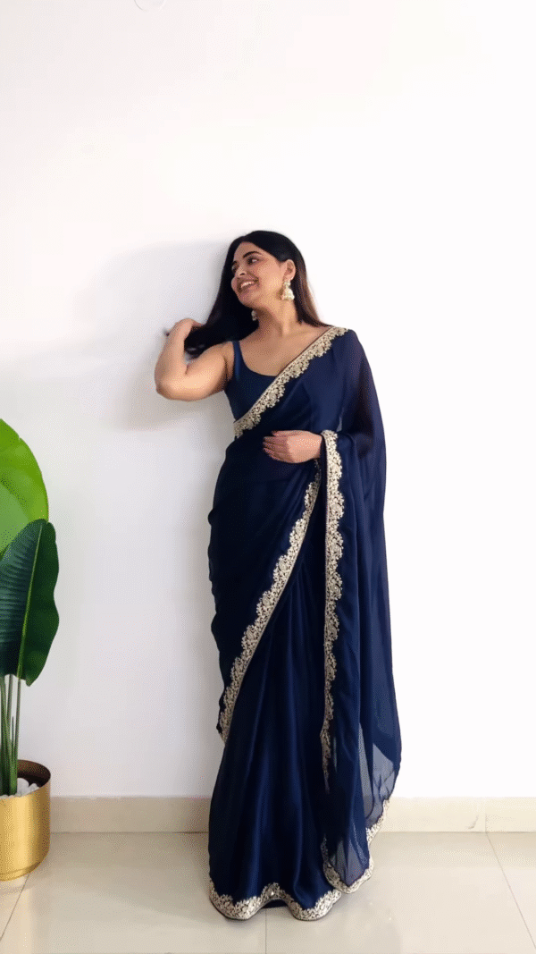 Midnight Blue Chiffon Saree with Embroidered Border – Timeless Elegance