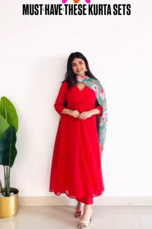 Elegant Red Flared Kurta Set with Floral Dupatta – Timeless Grace