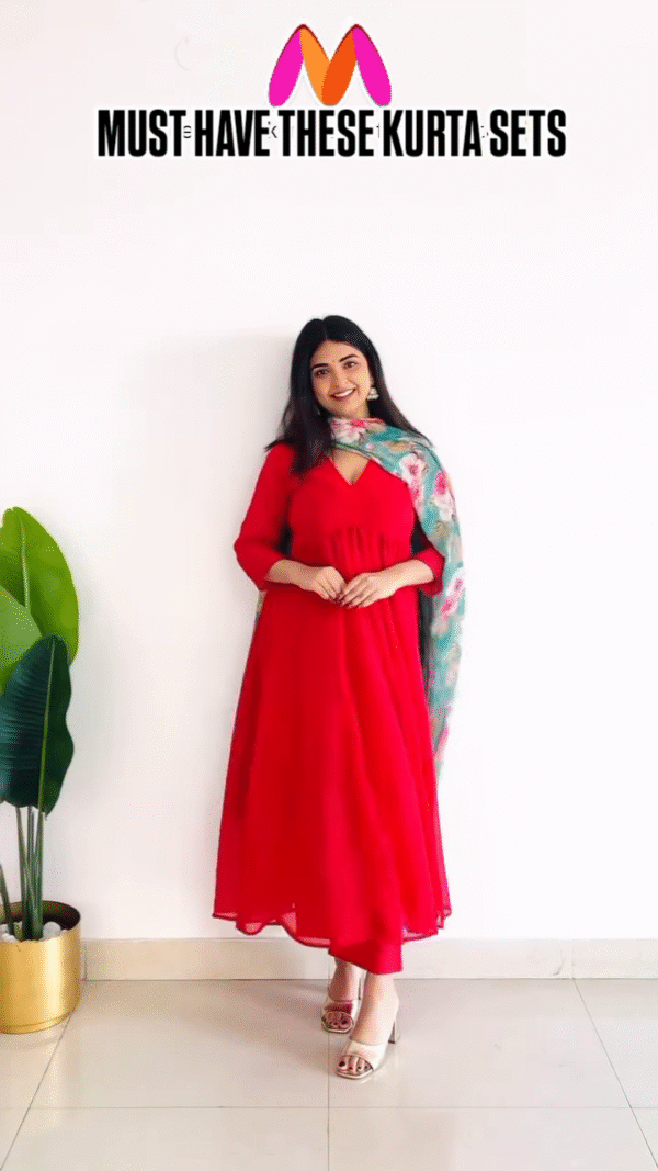 Elegant Red Flared Kurta Set with Floral Dupatta – Timeless Grace