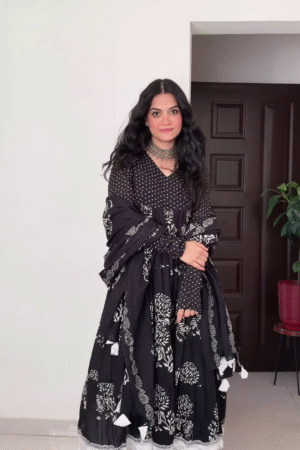 Black & White Hand-Block Printed Anarkali Suit – Timeless Elegance
