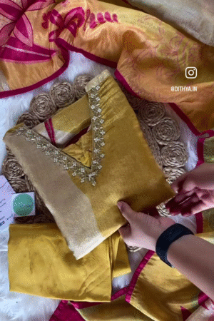 Golden Mustard Silk Suit Set with Hand-Embroidered Detailing