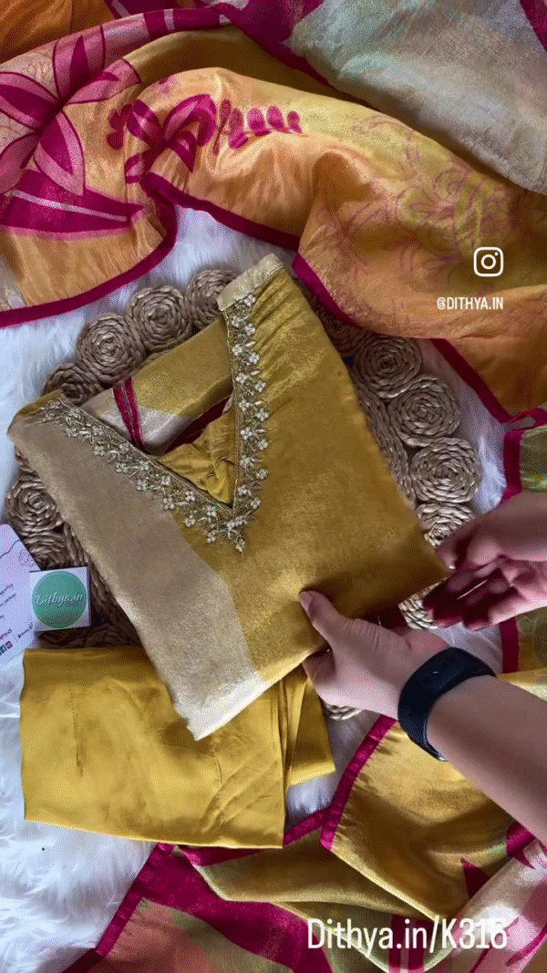 Golden Mustard Silk Suit Set with Hand-Embroidered Detailing