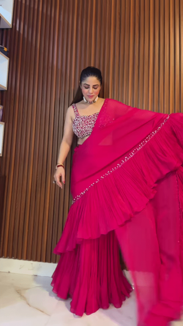 Fuchsia Pink Ruffled Saree with Embellished Blouse - Image 2