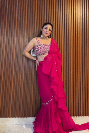 Fuchsia Pink Ruffled Saree with Embellished Blouse