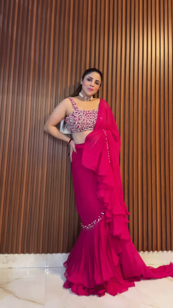 Fuchsia Pink Ruffled Saree with Embellished Blouse