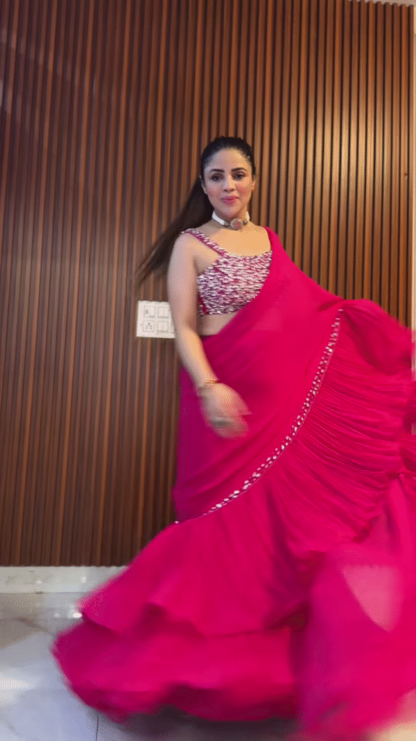 Fuchsia Pink Ruffled Saree with Embellished Blouse - Image 3
