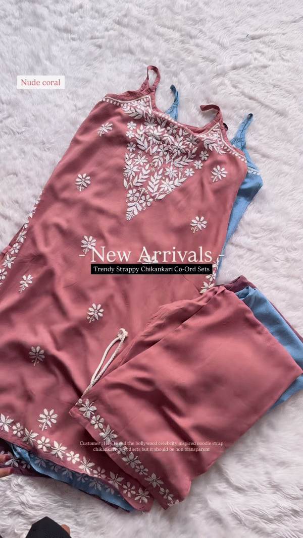 Nude Coral Strappy Chikankari Co-Ord Set